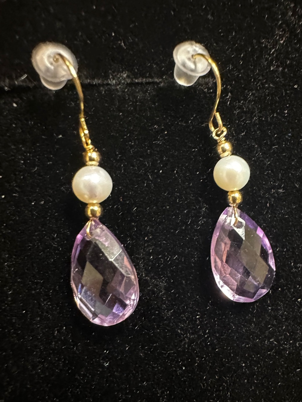 New 14K solid gold earrings long dangle pearl amethyst solid 14K gold earrings